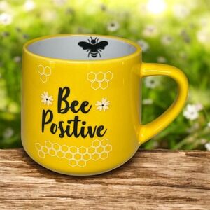 BEE POSITIVE Coffee Tea Mug Cup Bright Yellow Holds 16 oz. Micro/Dishwasher safe